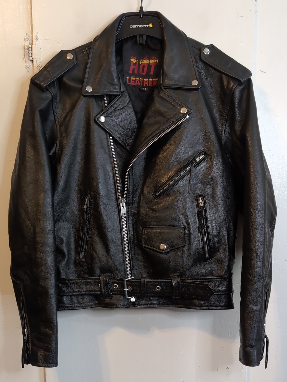 Black Leather Moto punk biker jacket men's large (44chest)